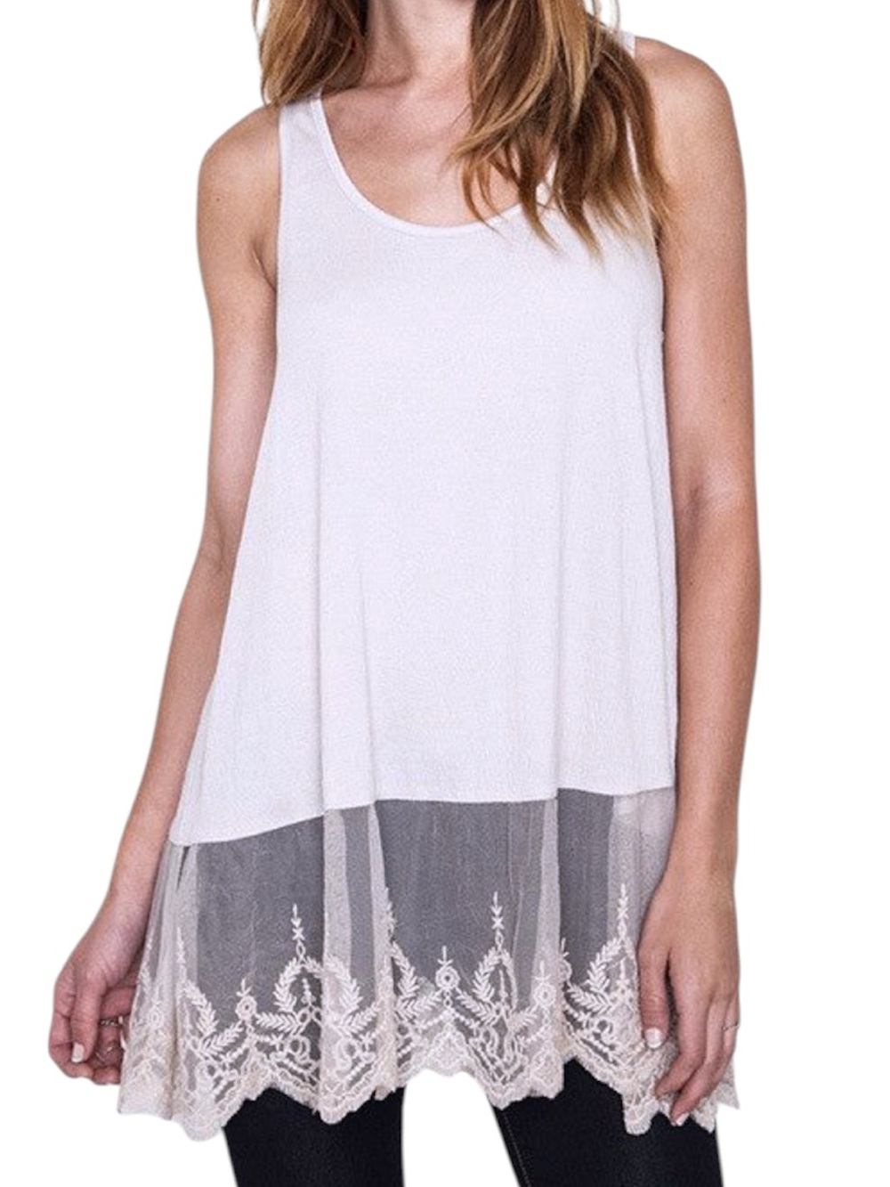 Umgee Boho Off-White Lace Embroidered Hem Tunic Tank Top